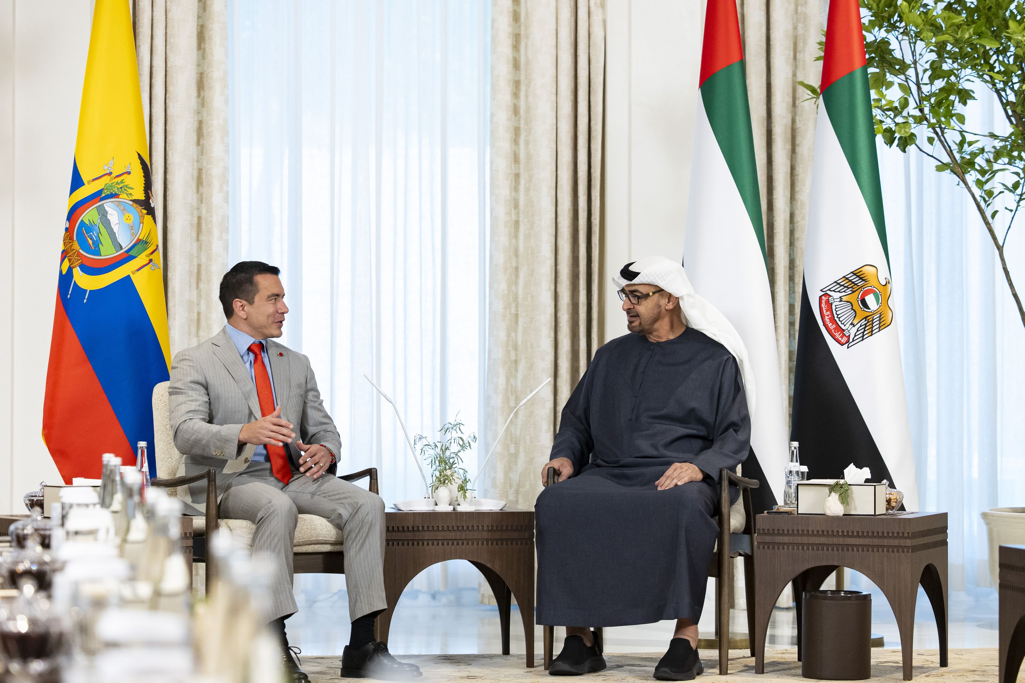 UAE President Sheikh Mohamed bin Zayed Al-Nahyan and his Ecuadorian counterpart, Daniel Noboa, in Abu Dhabi. (WAM)