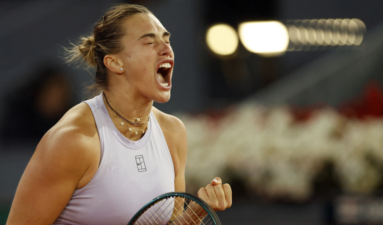 Belarus' Aryna Sabalenka reacts to wining a point against Ukraine's Marta Kostyuk during their 2025 WTA Tour Madrid Open tennis tournament singles match at the Caja Magica in Madrid, on April 30, 2025. (AFP)