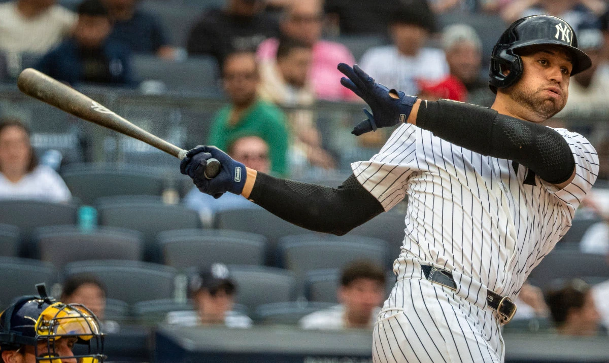 New York Yankees' JC Escarra bats during the seventh inning of a baseball game against the Milwaukee Brewers, Saturday, March 29, 2025, in New York. (AP)