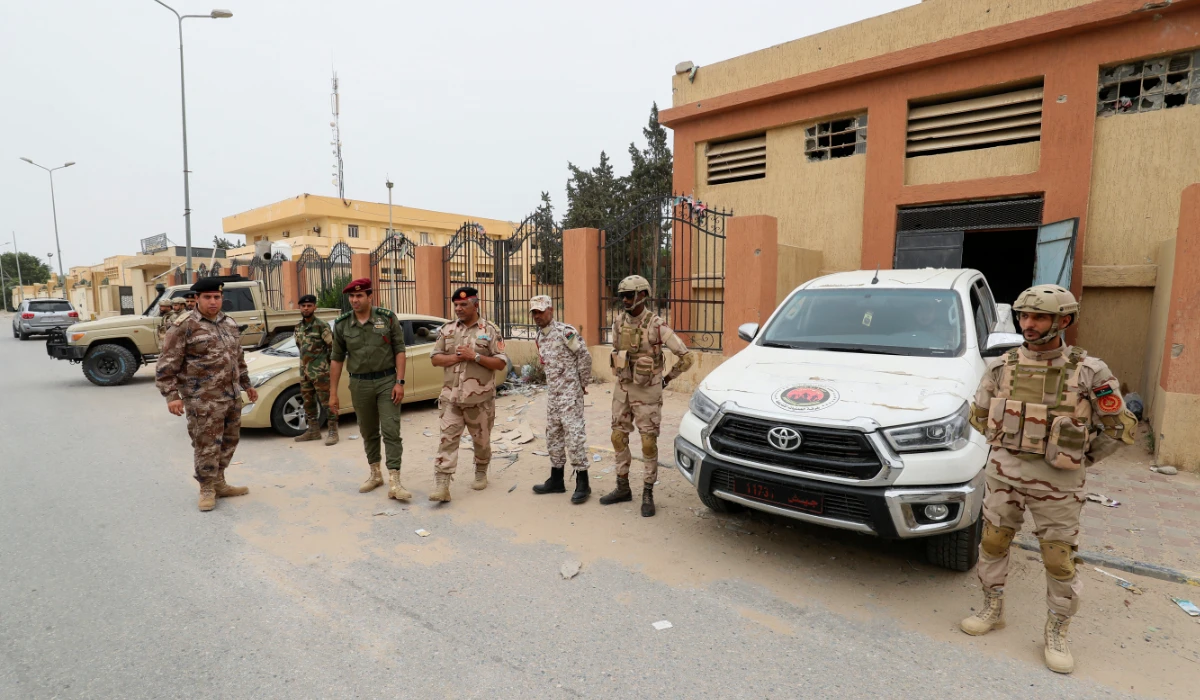 Members of a military unit deployed in the western city of Zawiya on May 14, 2023, following clashes between armed groups. (AFP)