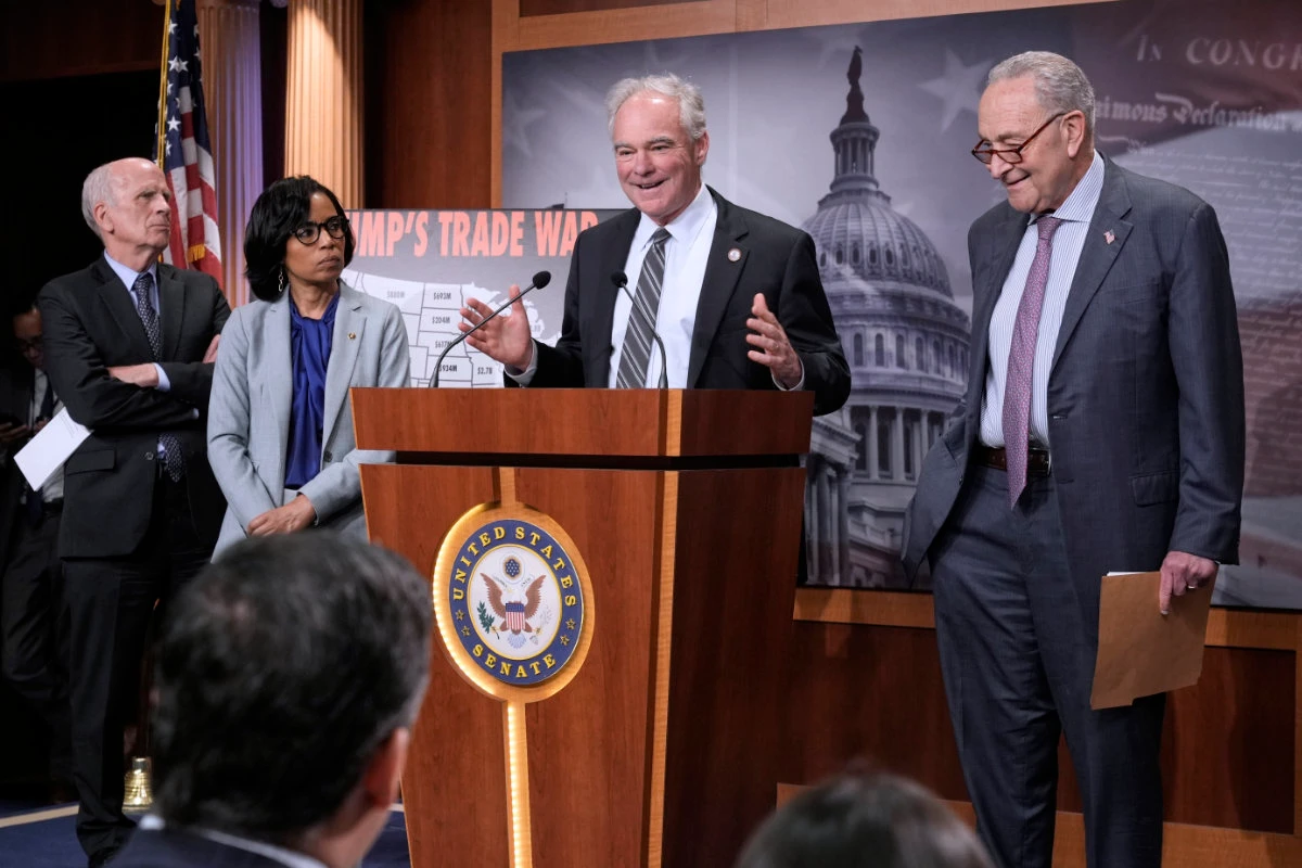 Democratic Party senators speak to reporters about President Donald Trump's tariffs on foreign countries at the Capitol in Washington on April 2, 2025. (AP)