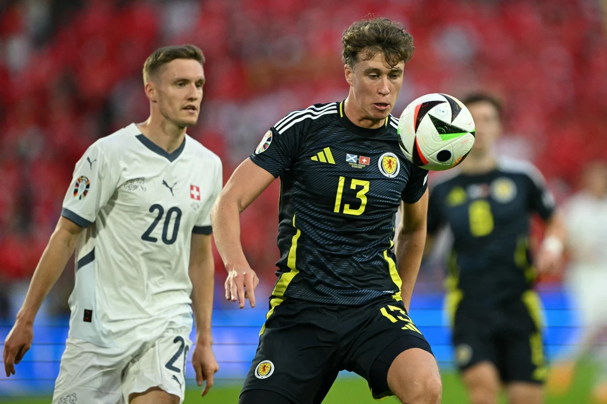Scotland's defender #13 Jack Hendry (R) controls the ball during the UEFA Euro 2024 Group A football match (AFP)