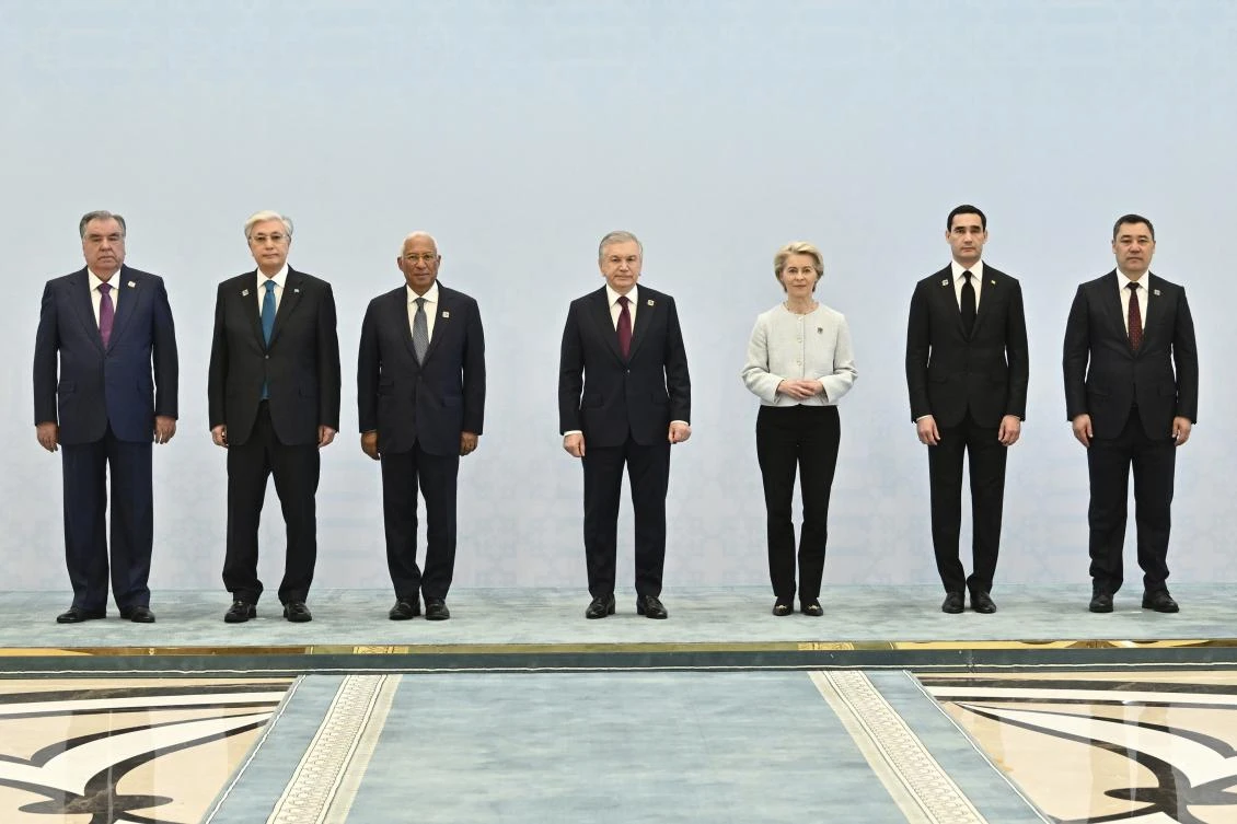 From left: Tajik President Emomali Rahmon, Kazakh President Kassym-Jomart Tokayev, European Council President Antonio Costa, Uzbekistan’s President Shavkat Mirziyoyev, European Commission President Ursula von der Leyen, Turkmenistan President Serdar Berdimuhamedow and Kyrgyz President Sadyr Japarov pose for a photo prior the first summit between the leaders of the EU and the five countries of Central Asia in Samarkand, Uzbekistan, on Friday (AP)