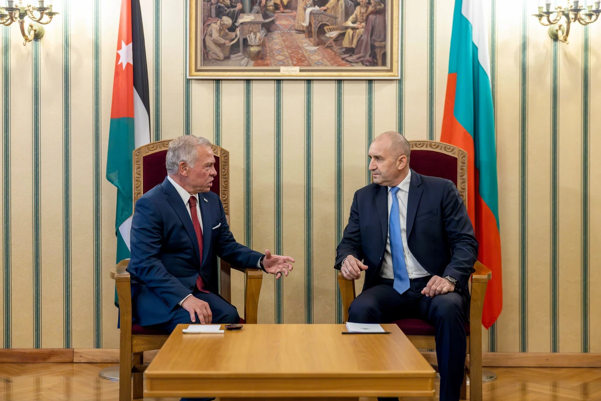 King Abdullah II of Jordan and Bulgarian President Rumen Radev during a meeting on Thursday. (X/@RHCJO)