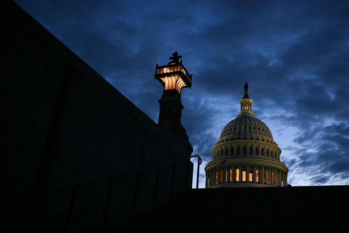 The US Capitol at dusk in Washington, DC, on April 4, 2025. Republican senators are working to pass a budget plan that will unlock trillions of dollars for US President Donald Trump's vision of significant spending and tax cuts. (AFP)
