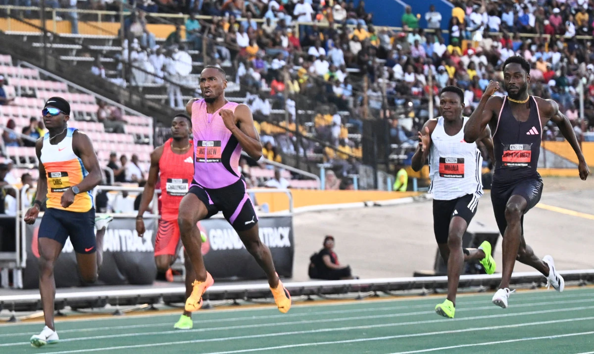 Britain’s Matthew Hudson-Smith (C) competes to win the men’s 200m long sprint event during the Grand Slam Track competition at the National Stadium in Kingston, Jamaica, on Saturday. (AFP)