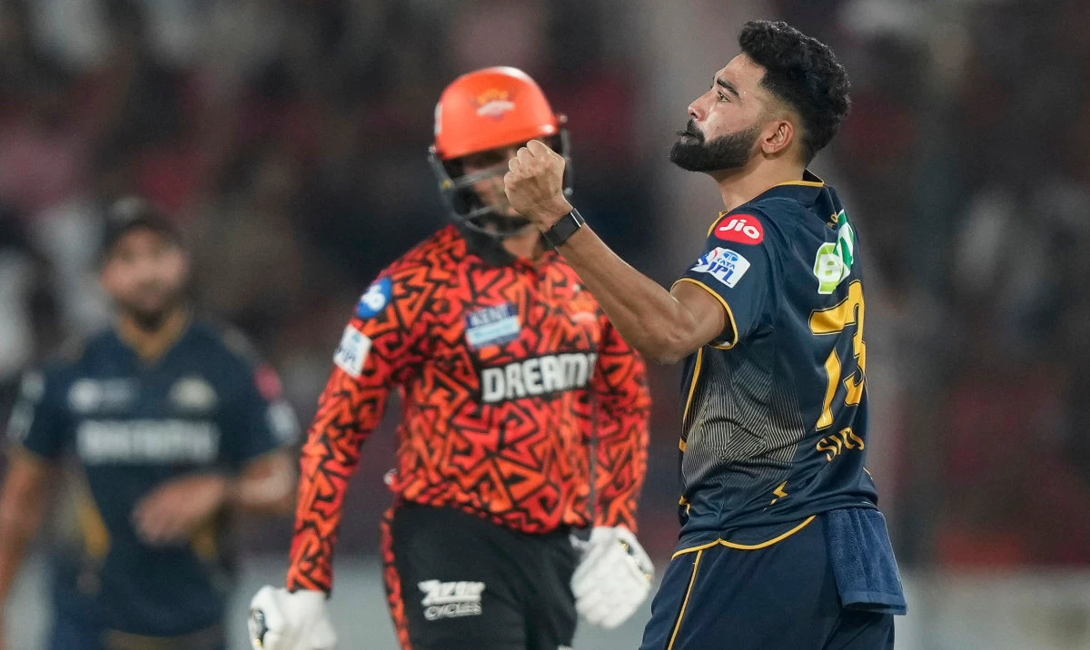 Gujarat Titans' Mohammed Siraj celebrates the wicket of Sunrisers Hyderabad's Abhishek Sharma during the Indian Premier League cricket match between Sunrisers Hyderabad and Gujarat Titans at Rajiv Gandhi International Cricket Stadium in Hyderabad, India, Sunday, April 6, 2025. (AP)