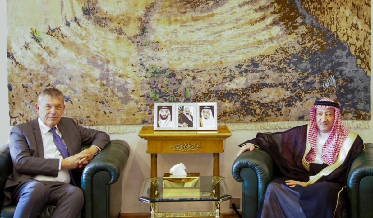 Waleed Elkhereiji (R) Phillipe Lazzarini in Riyadh. (Supplied)