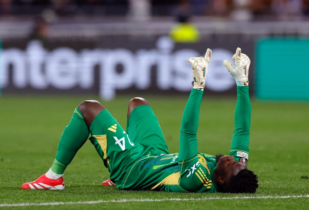 Andre Onana celebrates United’s second goal. (Action Images via Reuters)
