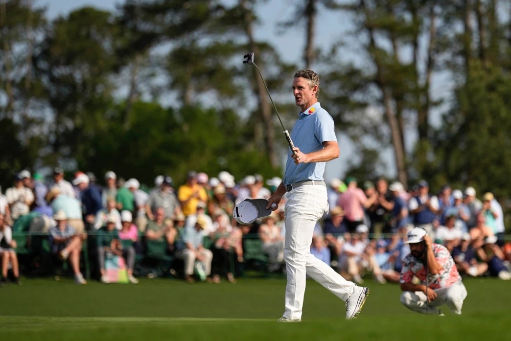 Justin Rose waves after making a putt on the 18th hole during the first round at the Masters golf tournament, Thursday, April 10, 2025, in Augusta, Ga. (AP)