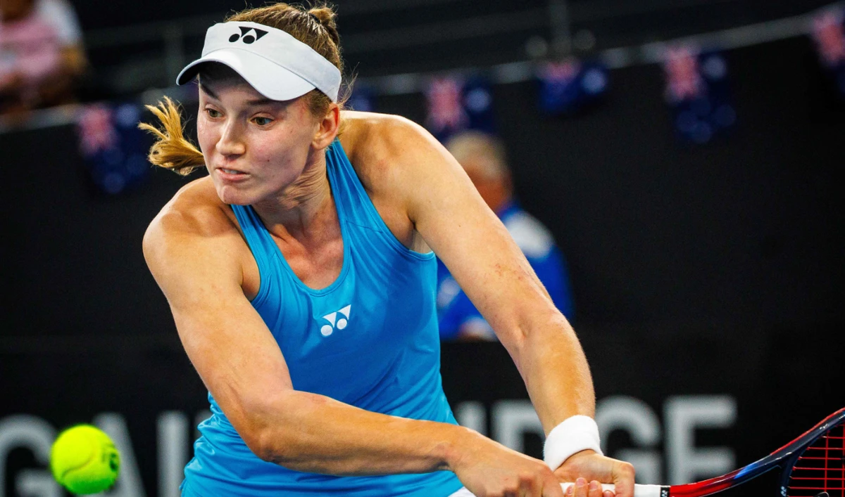 Kazakhstan’s Elena Rybakina hits a return during the women’s singles match against Australia’s Kimberly Birrell at the Billie Jean King Cup at Patrick Rafter Tennis Center in Brisbane on Thursday. (AFP)