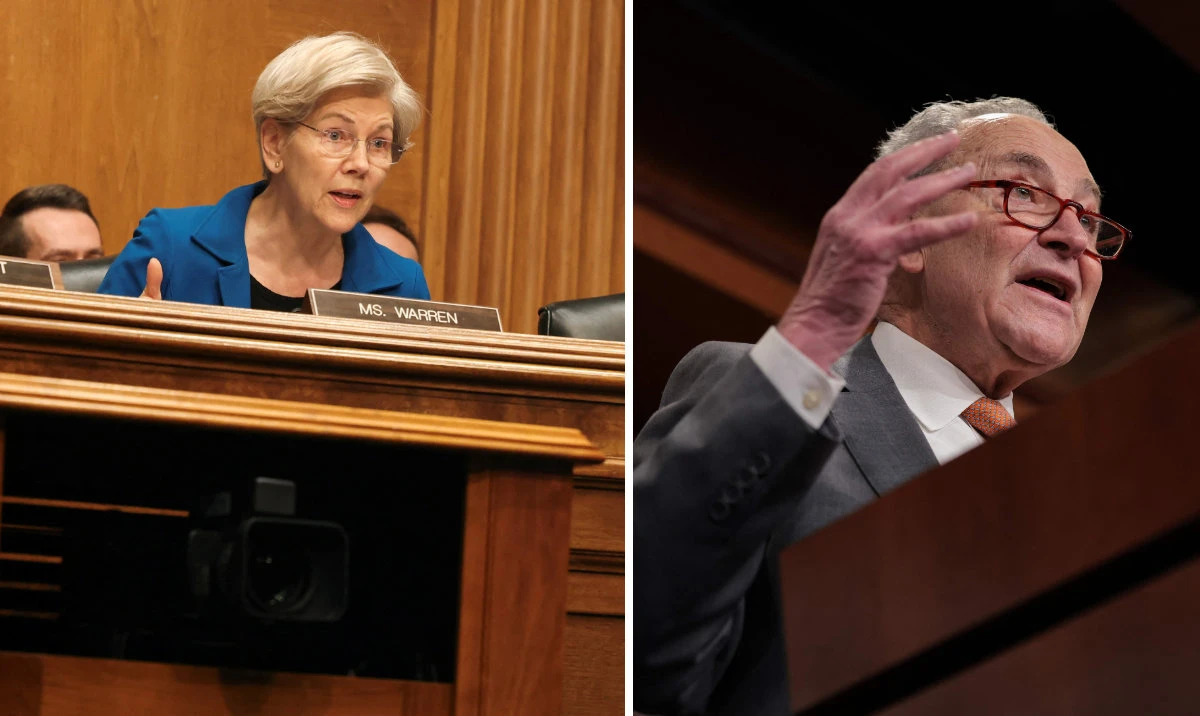 Sen. Elizabeth Warren (L) and Senate Minority Leader Chuck Schumer want the SEC to investigate whether President Donald Trump or White House insiders broke securities laws ahead of his dramatic reversal on global tariffs. (Reuters/AFP)