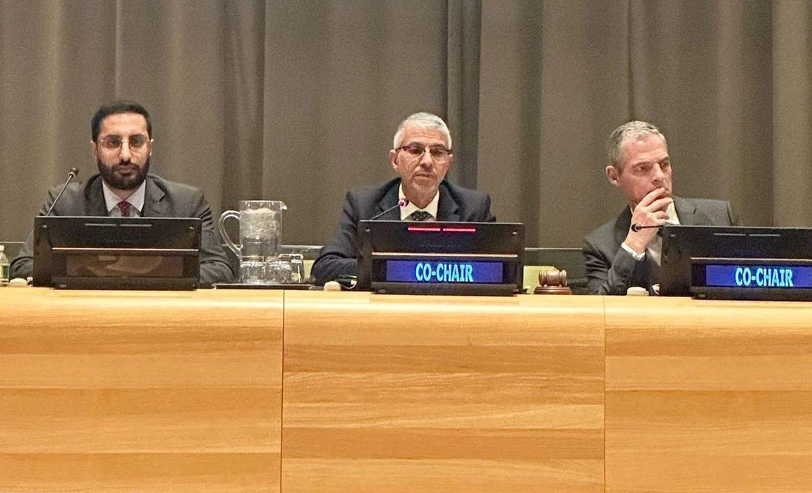 The permanent representatives of Saudi Arabia and France to the UN, Abdulaziz Al-Wasel and Jerome Bonnafont, co-chaired a briefing for UN member and observer states at the UN headquarters in New York. (SPA)