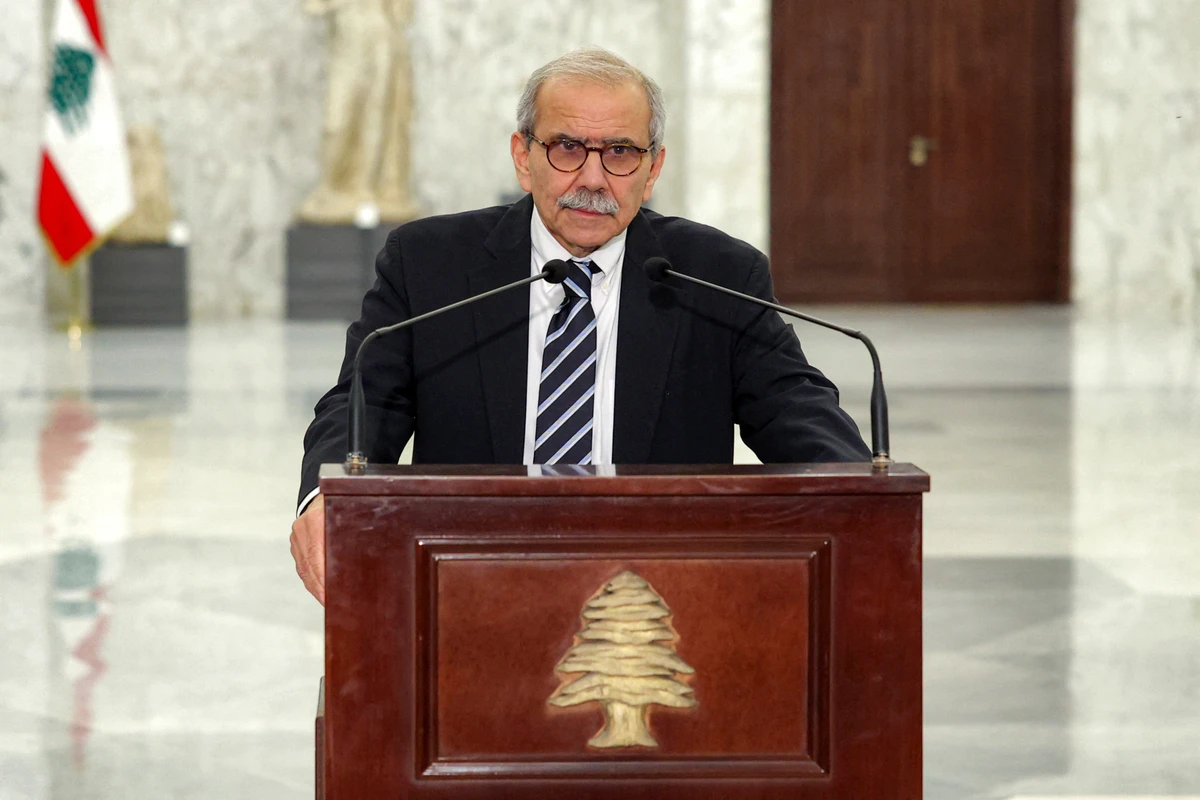 Lebanon's Prime Minister Nawaf Salam speaking to the media at the presidential palace in Baabda. (AFP)