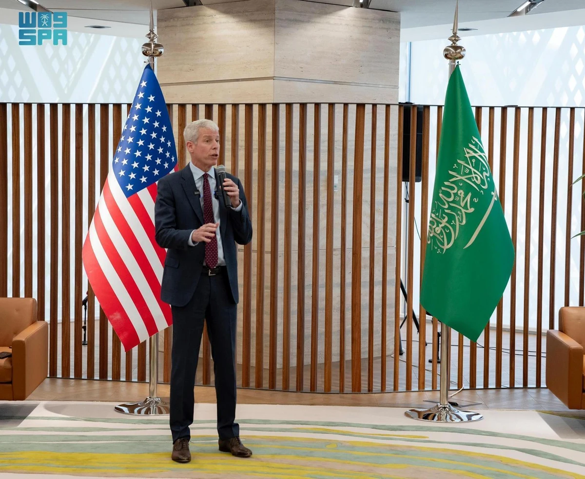 US Energy Secretary Chris Wright talks at Saudi Arabia's Ministry of Energy in Riyadh during a media briefing. (SPA)