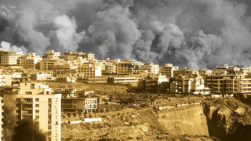 Israeli shelling on west Beirut in picture dated 02 August 1982. Tel Aviv military actions were a response to Palestinian attacks originating from Lebanese territory. AFP