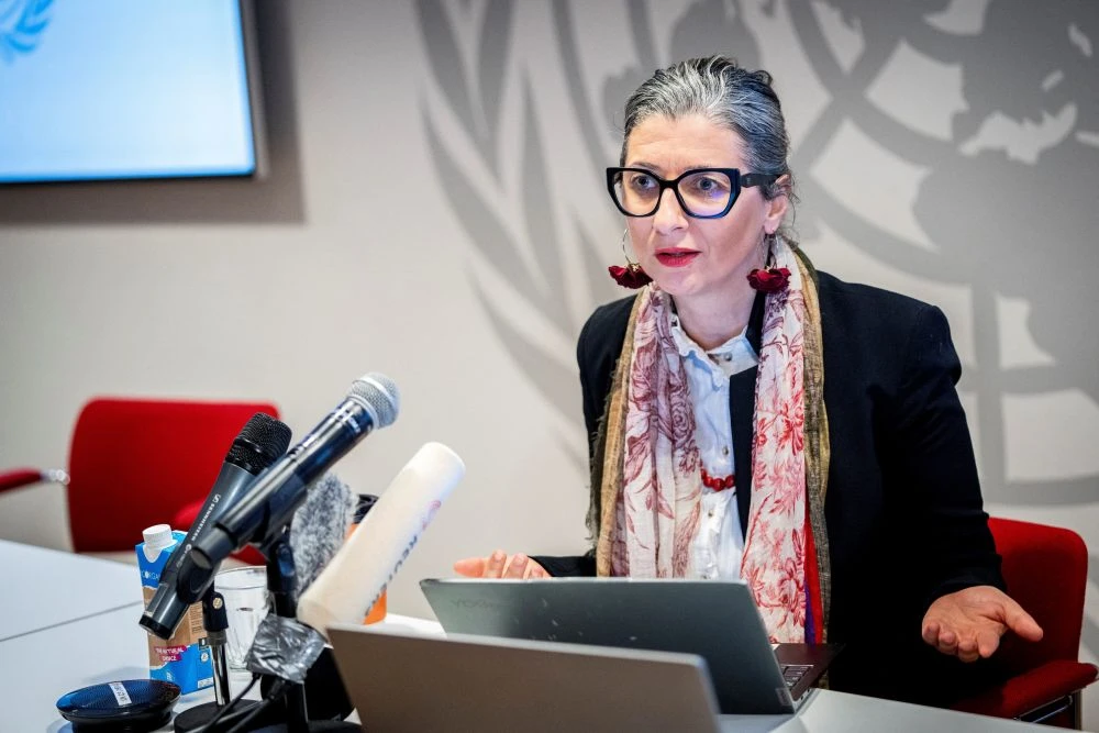 United Nations Special Rapporteur on the occupied Palestinian territories Francesca Albanese gives a press conference at UN City in Copenhagen, Denmark, Feb. 5, 2025. (Reuters)