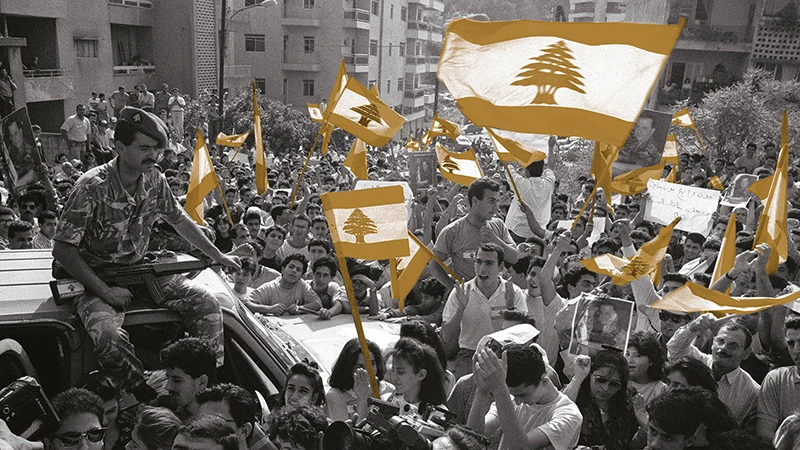 Christian Maronite east Beirut residents stage rally in front of French embassy to support General Michel Aoun’s refusal to accept Taif agreement. AFP