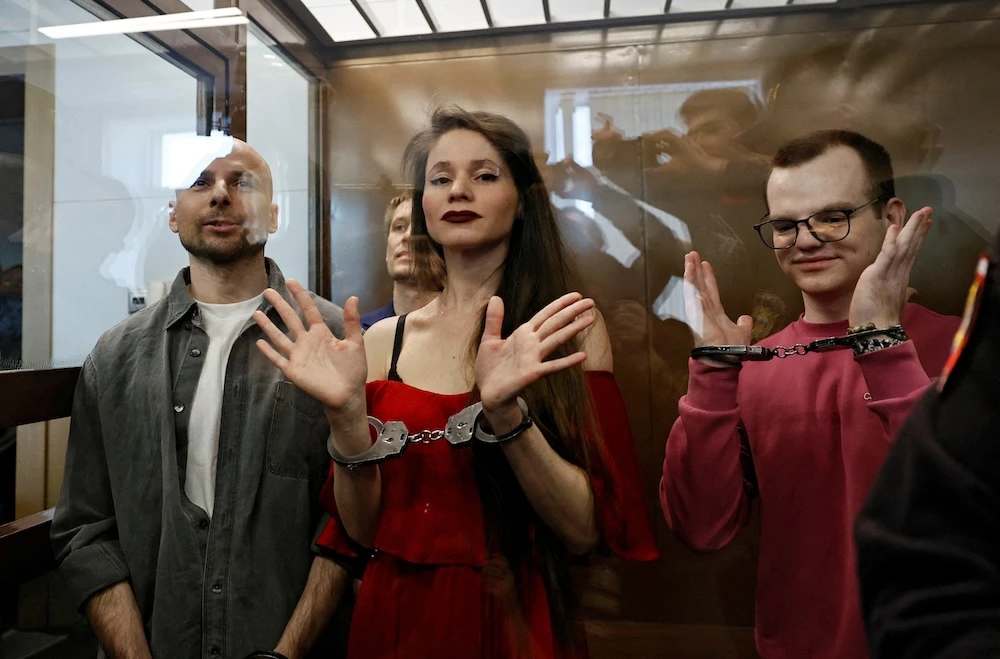 From left: Russian journalists Sergei Karelin, Konstantin Gabov, Antonina Kravtsova and Artem Kriger, were found guilty of ‘participating in an extremist group’ over collaborating with the banned organizations of late opposition leader Alexei Navalny. (Reuters)