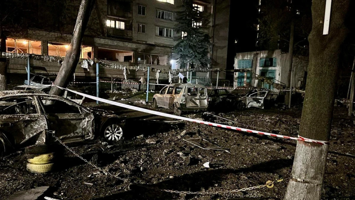The wreckage of cars sit at the site of a Russian mass drone attack at a location given as Dnipro, Ukraine, in this handout photo released April 17, 2025. (Reuters)