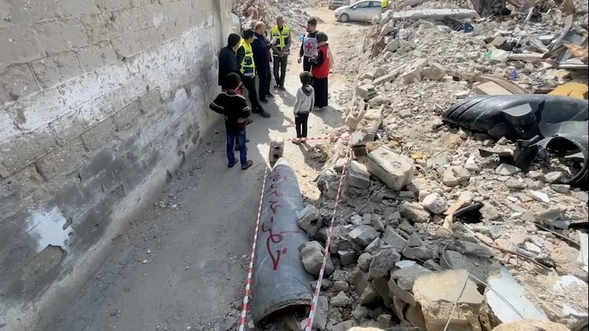 Picture of an unexploded bomb on the ground in Khan Younis, Gaza. February 17, 2025. REUTERS An unexploded bomb lies on the ground in Khan Younis, Gaza. February 17, 2025. (Reuters)