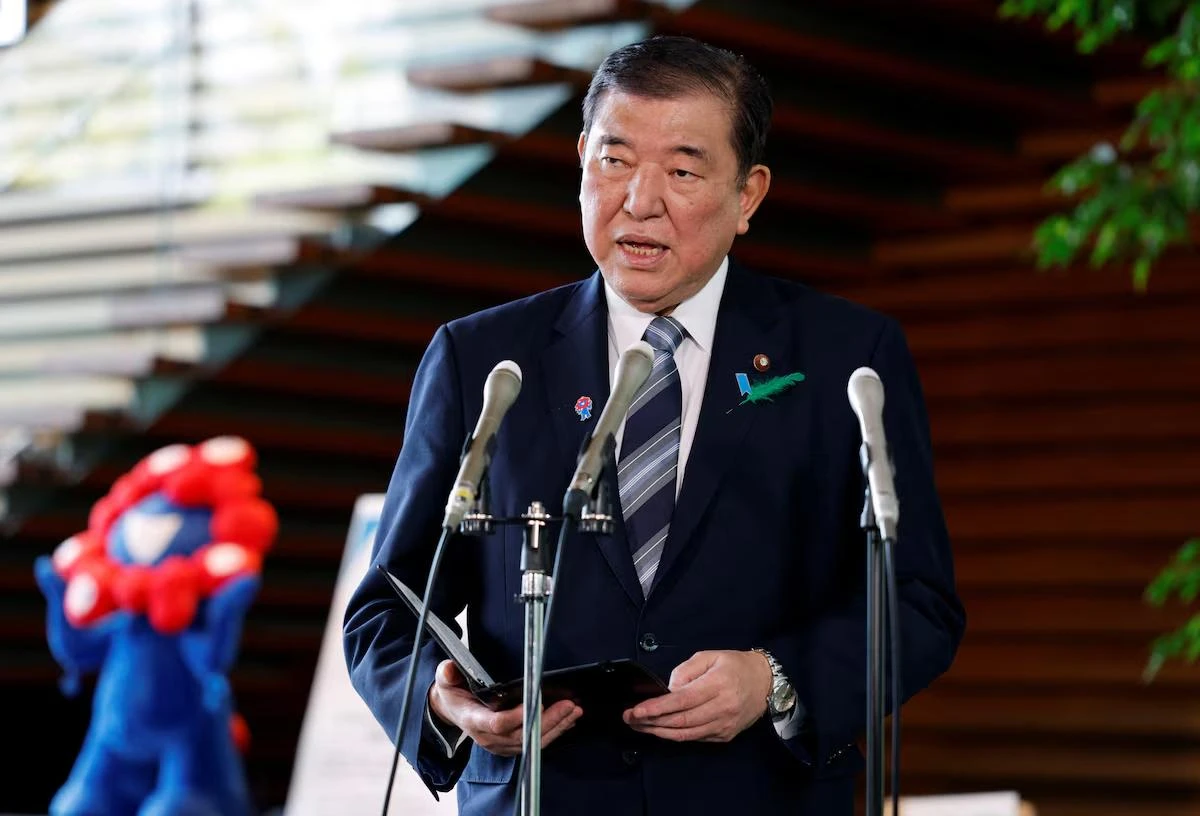 Japanese Prime Minister Shigeru Ishiba reacts as he speaks to reporters after a Japanese negotiator held ministerial talks at the White House regarding US tariffs, at the prime minister’s official residence in Tokyo, Japan, 17 April 2025. FRANCK ROBICHON/Pool via REUTERS