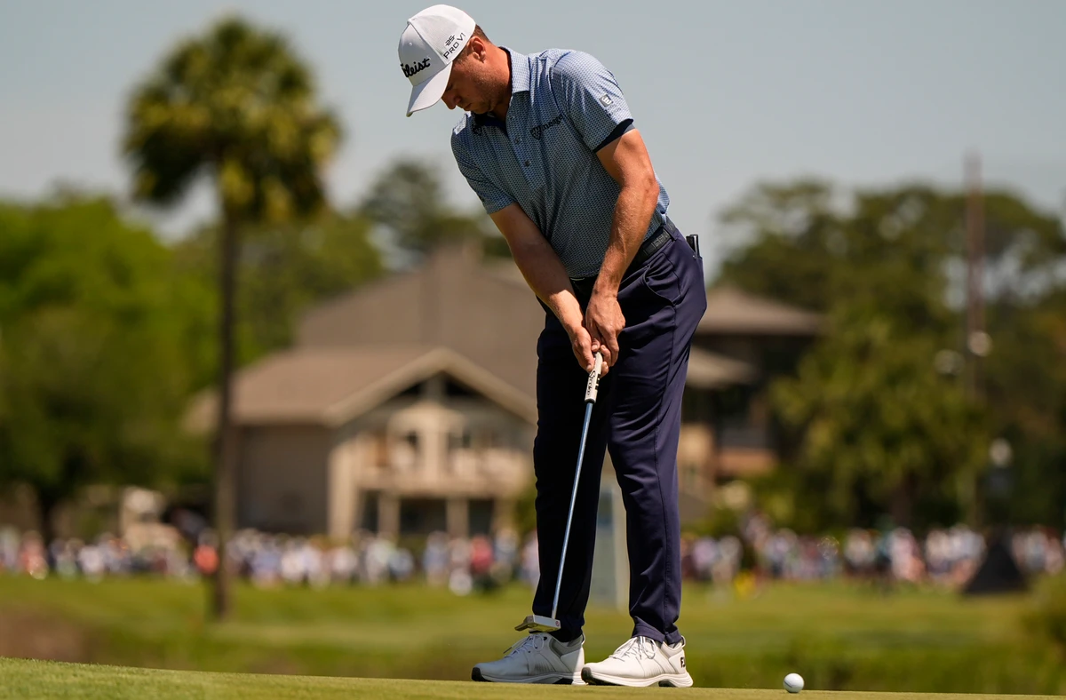 Justin Thomas putts on the 17th green during the first round of the RBC Heritage golf tournament Thursday in Hilton Head Island, S.C. (AP)