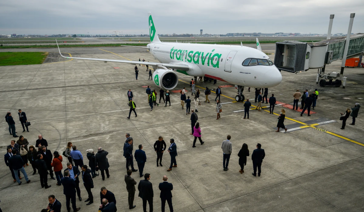 Staff and attendees walk around an Airbus A230neo aircraft during a delivery event to low-cost carrier Transavia, in Toulouse, southwestern France, on January 10, 2024. (AFP)
