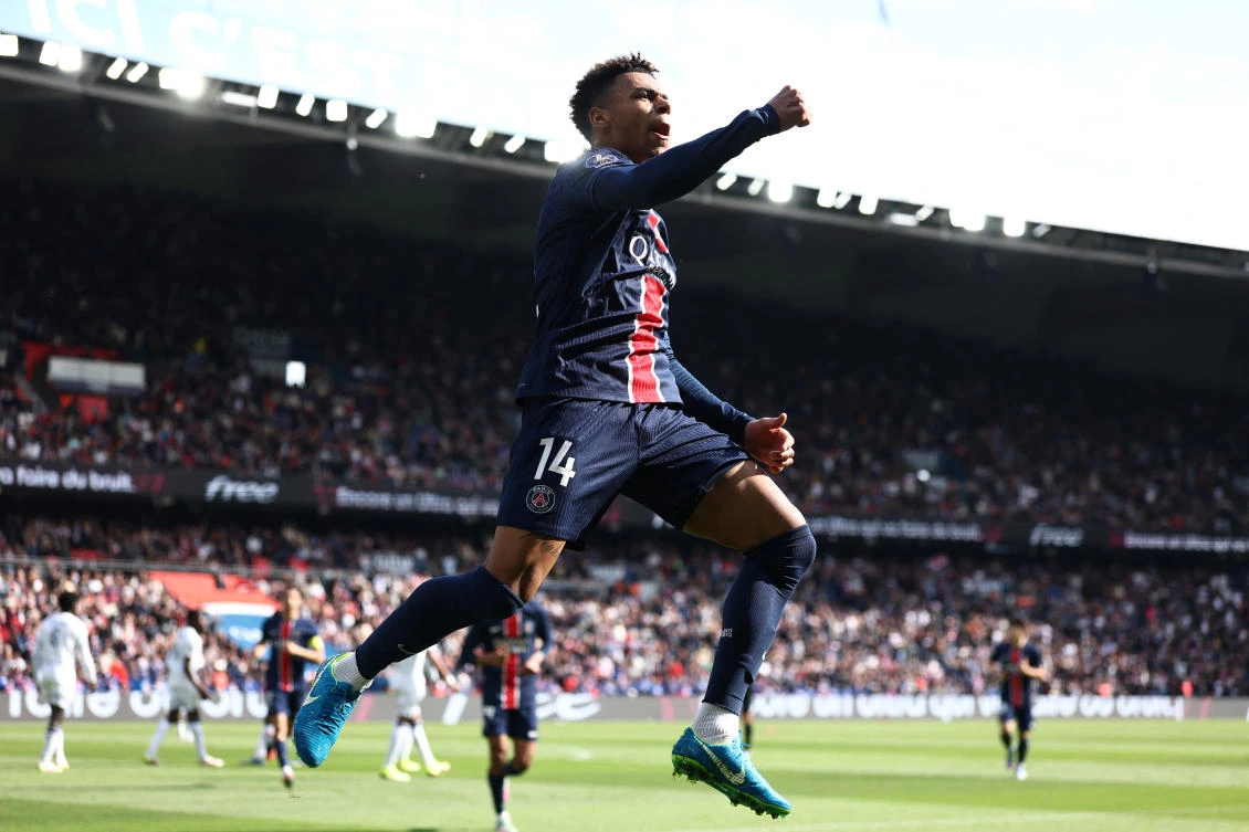 Paris Saint-Germain’s Desire Doue celebrates scoring their first goal during their Ligue 1 match against Le Havre at Parc des Princes, Apr. 19, 2025. (Reuters)