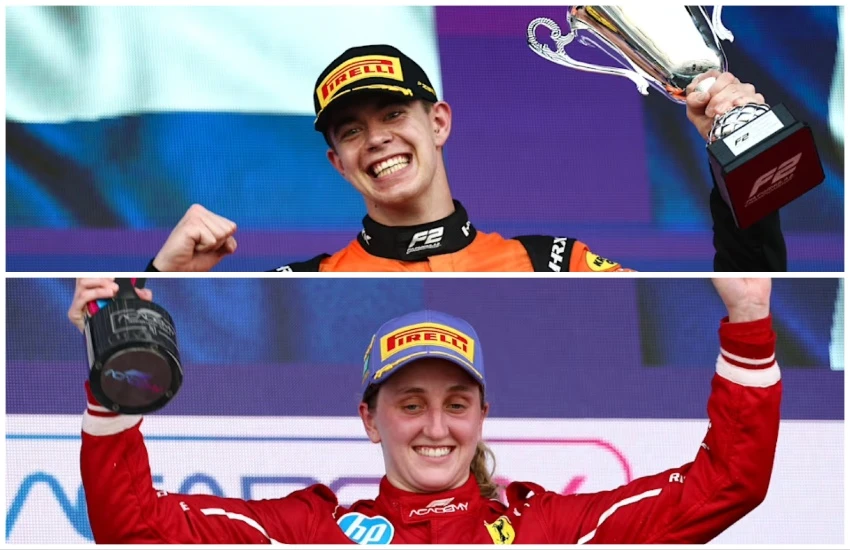 Richard Verschoor (top) produced a masterclass in tire management and racecraft to win the Formula 2 feature race in Jeddah, while Maya Weug (bottom) made history by becoming the first Ferrari driver to win an F1 Academy race in Jeddah. (Supplied)