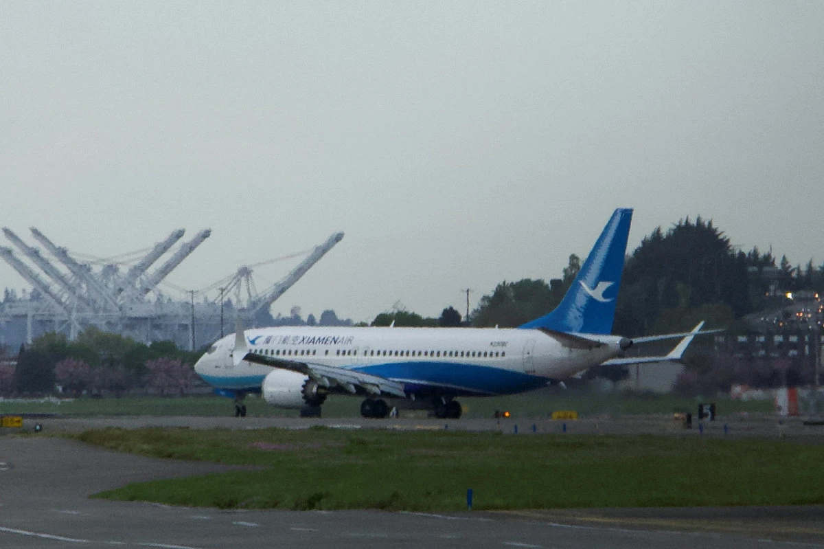 A Boeing 737 MAX plane, intended for China's Xiamen Airlines, arrives at King County International Airport in Seattle, Washington, on April 19, 2025, after returning from China due to ongoing tariff disputes. (REUTERS)