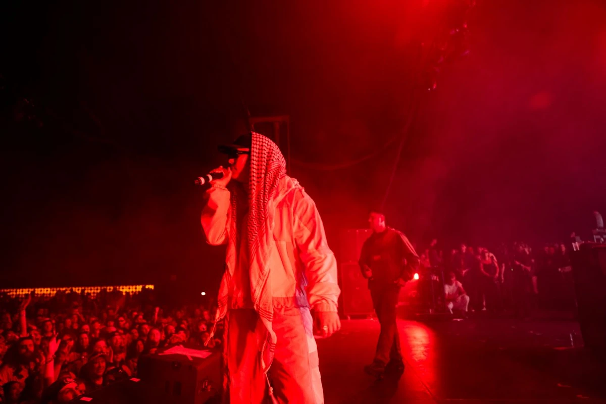 Kneecap rapper Moglai Bap wore a keffiyeh at the Coachella music festival in California. (Getty Images)