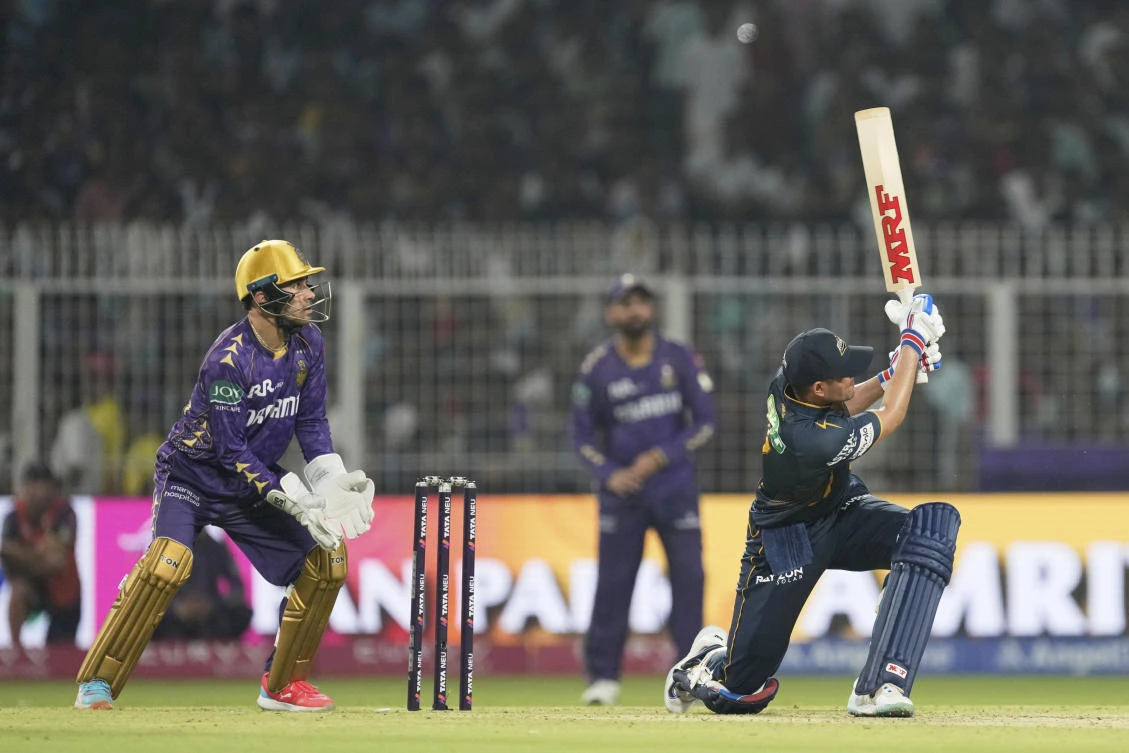 Gujarat Titans’ captain Shubman Gill, right, plays a shot during the IPL match against Kolkata Knight Riders at Eden Gardens in Kolkata, India, Monday, April 21, 2025. (AP Photo)