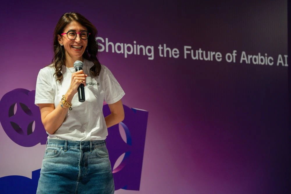 Tarjama CEO Nour Al-Hassan speaks during the launch of Pronoia V2, highlighting the company’s vision to lead Arabic-first artificial intelligence. (Supplied)