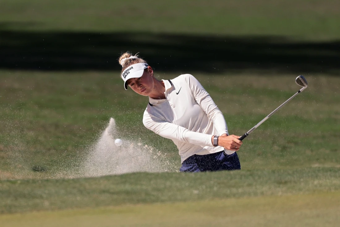 Nelly Korda of the US plays a shot from a bunker on the 10th hole during the final round of the JM Eagle LA Championship presented by Plastpro 2025 at El Caballero Country Club on April 20, 2025 in Tarzana, California. (Getty Images via AFP)