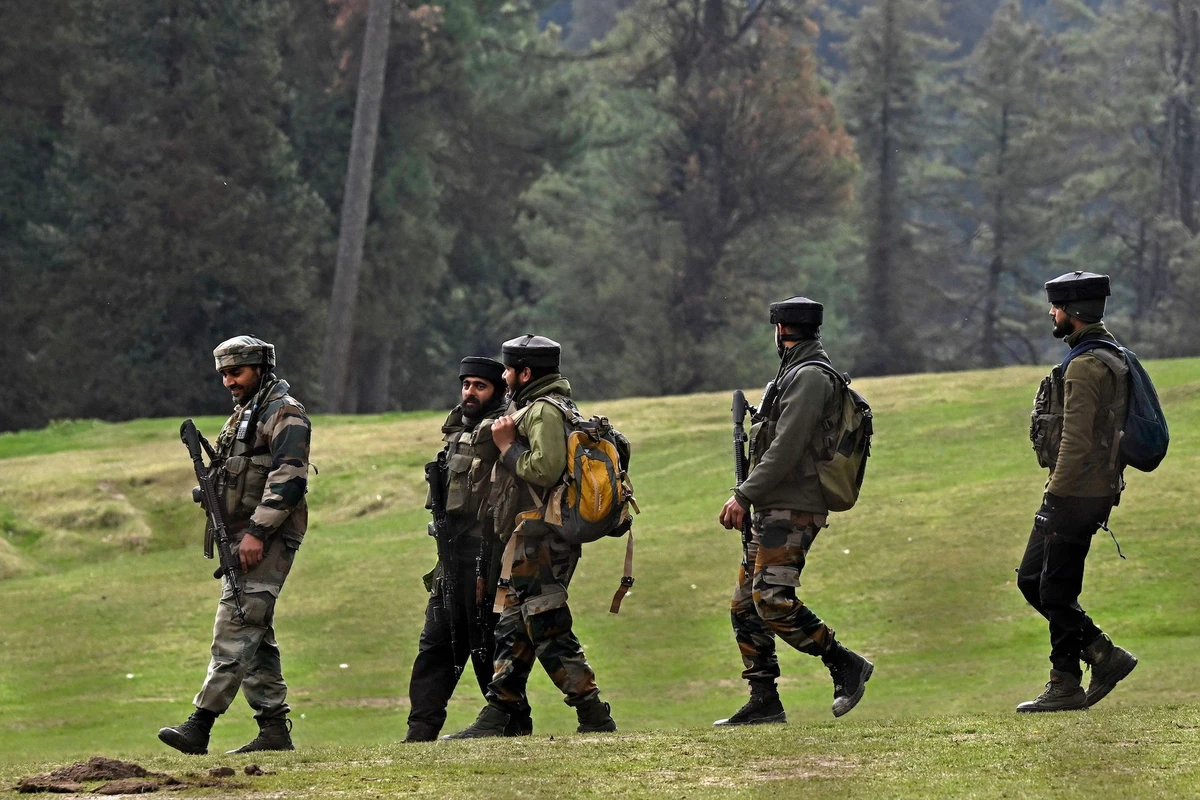 ndian soldiers inspect the site in the aftermath of an attack in Pahalgam, about 90kms (55 miles) from Srinagar on April 23, 2025. Indian security forces in Kashmir carried out a major manhunt on April 23, a day after gunmen opened fire on tourists killing 26 people in the region's deadliest attack on civilians since 2000. (AFP)