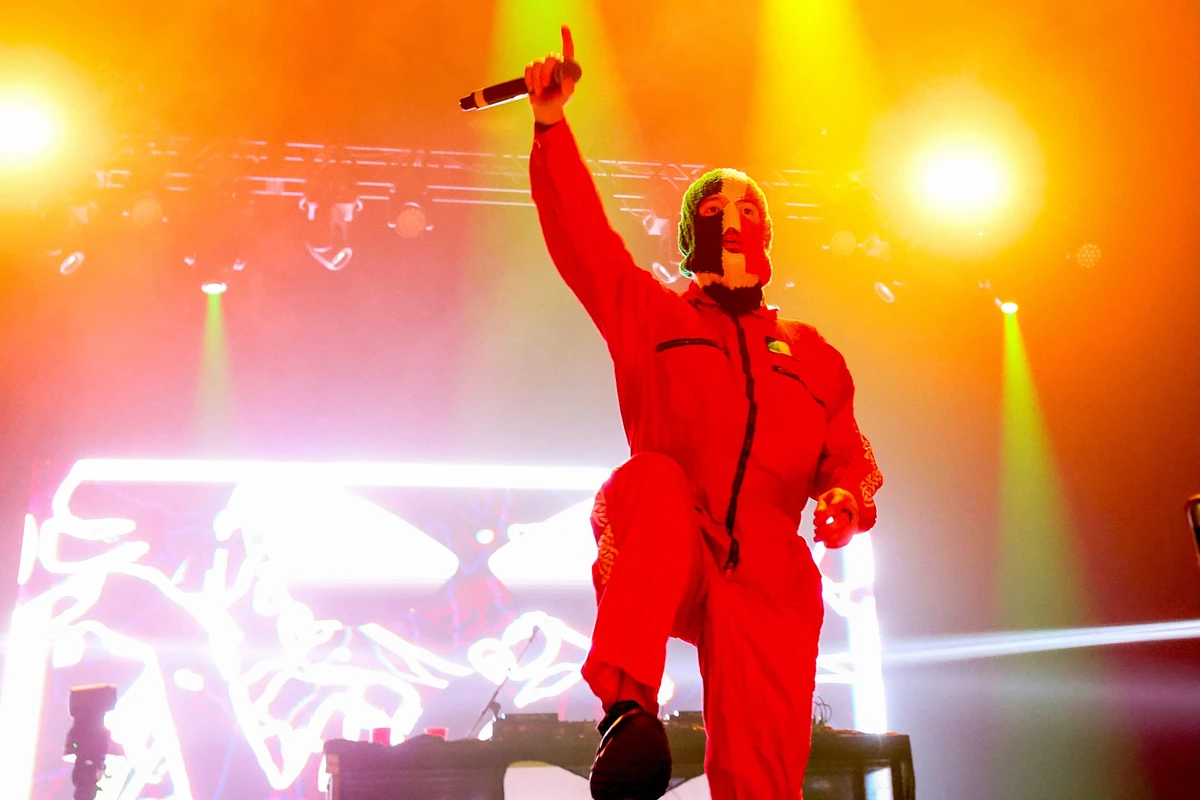 DJ Provai from Irish Hip Hop trio Kneecap performs onstage during the 2025 Coachella Valley Music and Arts Festival at Empire Polo Club in Indio, California, Apr. 11, 2025. (AFP)