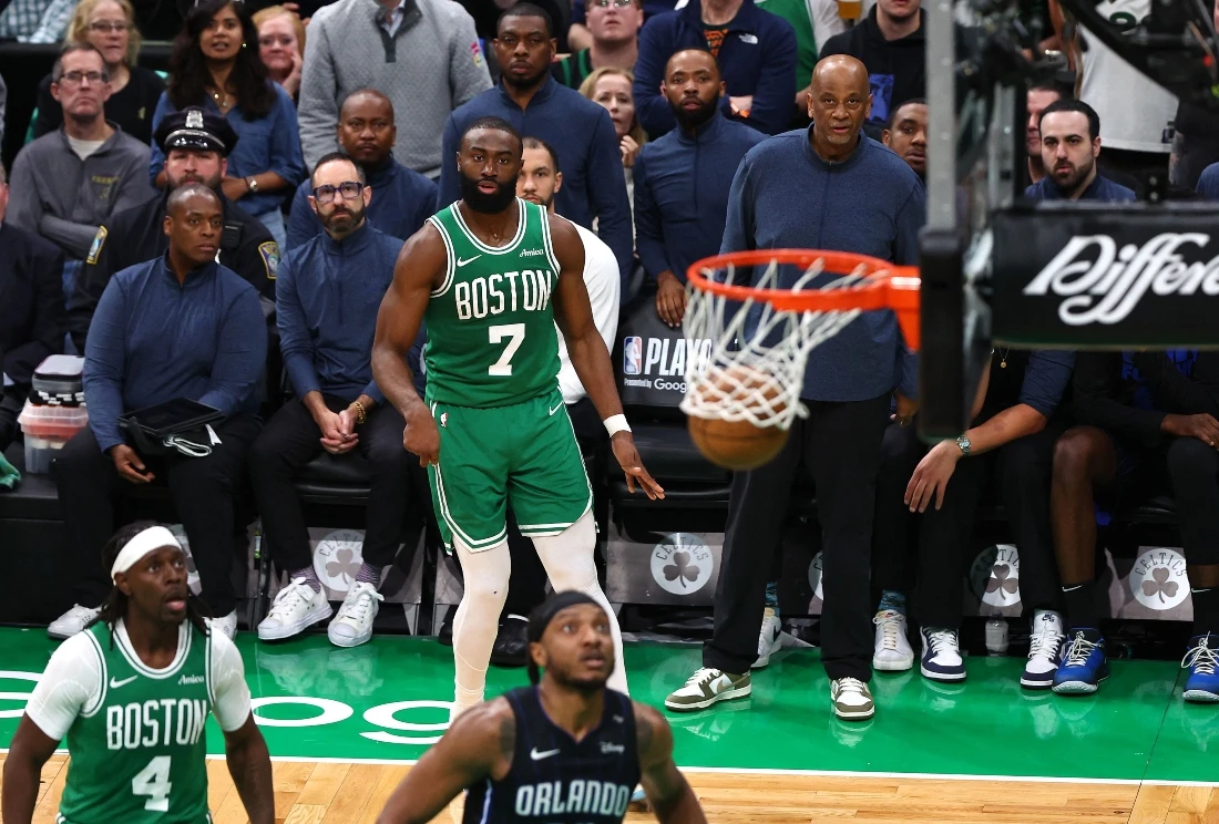 Jaylen Brown #7 of the Boston Celtics watches his shot enter the hoop against the Orlando Magic during the fourth quarter in Game 2 of the Eastern Conference First Round NBA Playoffs at TD Garden on April 23, 2025 in Boston, Massachusetts. (Getty Images via AFP)