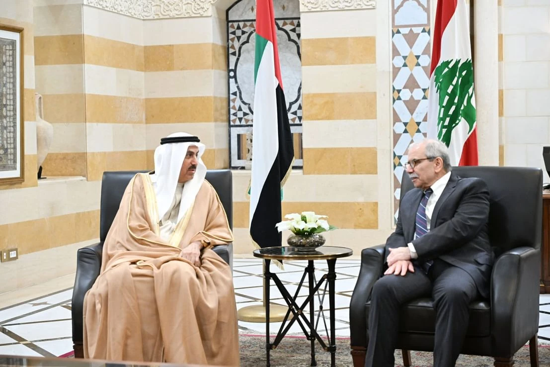 Lebanese Prime Minister Nawaf Salam and Saqr Ghobash, the UAE Federal National Council speaker, in Beirut. (WAM)