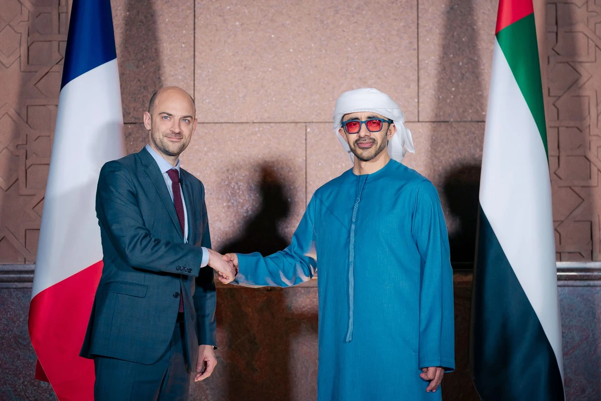 UAE Minister of Foreign Affairs Sheikh Abdullah bin Zayed Al-Nahyan and his French counterpart, Jean-Noel Barrot, in Abu Dhabi on Thursday. (WAM)