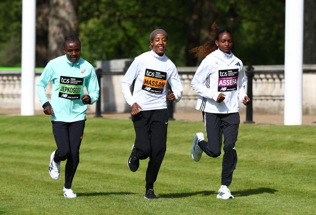 Tigst Assefa, Sifan Hassan and Joyciline Jepkosgei during the elite women photocall — London Marathon — Elite Athletes Press Conferences — Day Two — TCS London Marathon Media Center, St. James’s Park, London, Apr. 25 2025. (Reuters)
