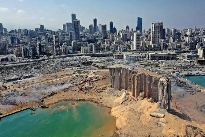 An aerial view shows the massive damage at Beirut port’s grain silos and the area around it on August 5, 2020. (AFP/File Photo)