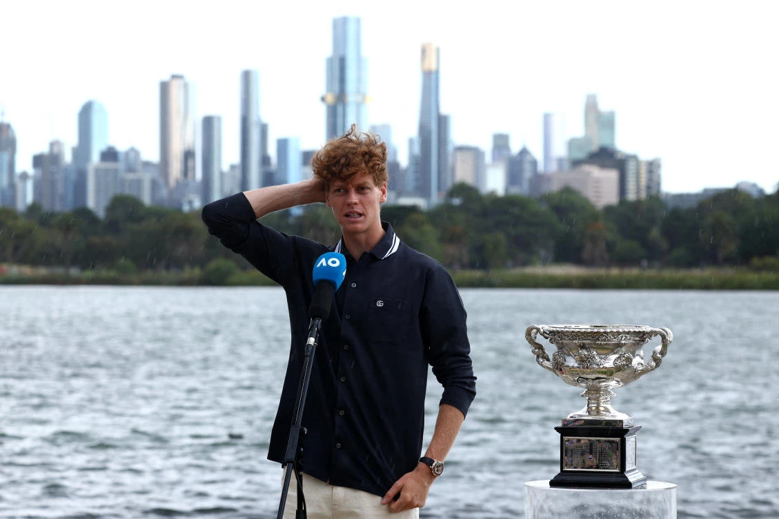 Sinner speaks at a media event with the Norman Brookes Challenge Cup trophy following his victory against Germany's Alexander Zverev. (File/AFP)