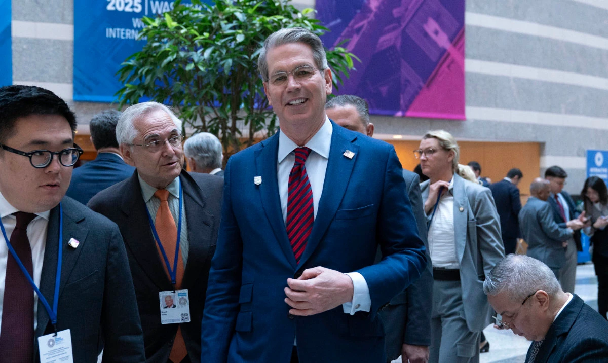 Treasury Secretary Scott Bessent departs a breakfast meeting during the World Bank/IMF Spring Meetings at the International Monetary Fund (IMF) headquarters in Washington, April 25, 2025. (AP)