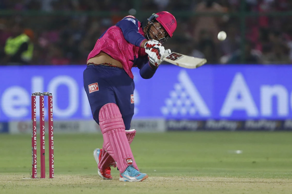 Rajasthan Royals’ Vaibhav Suryavanshi hits a boundary during the Indian Premier League cricket match between Rajasthan Royals and Gujarat Titans at Sawai Mansingh Stadium in Jaipur, India, Monday, April 28, 2025. (AP)