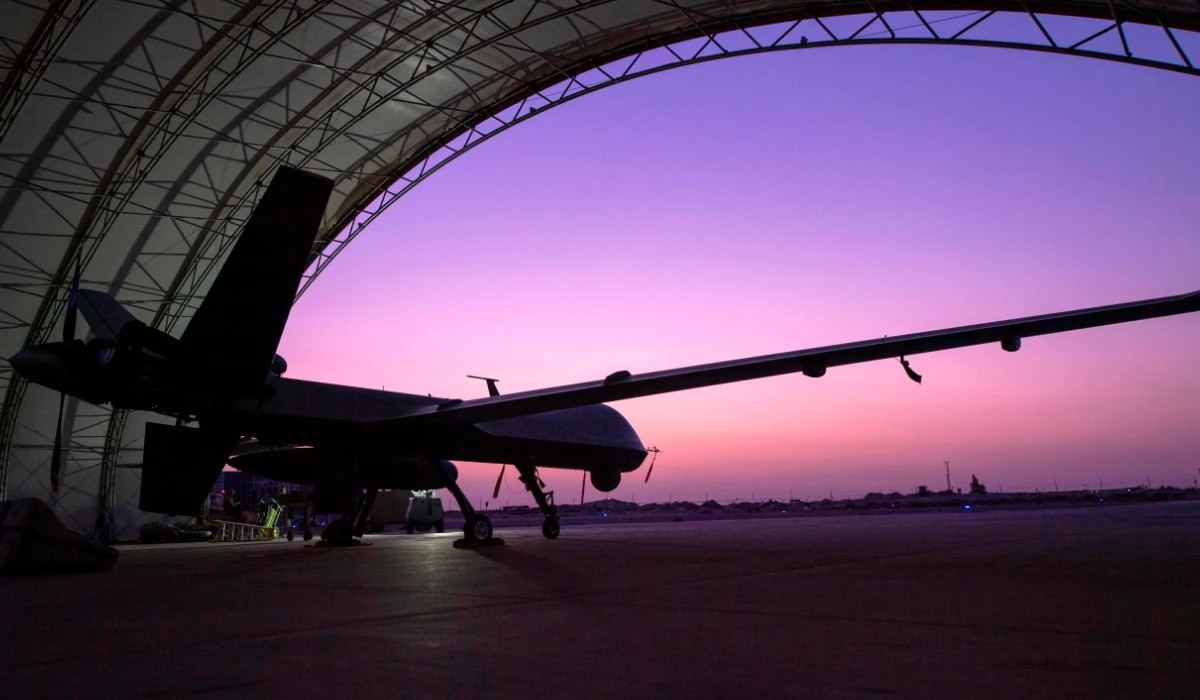 This US Air Force file photo obtained January 5, 2020, shows a US Air Force MQ-9 Reaper remotely piloted aircraft as it awaits an engine test prior to Intelligence, Surveillance, and Reconnaissance operations at Ali Al Salem Air Base, in Kuwait. (AFP)