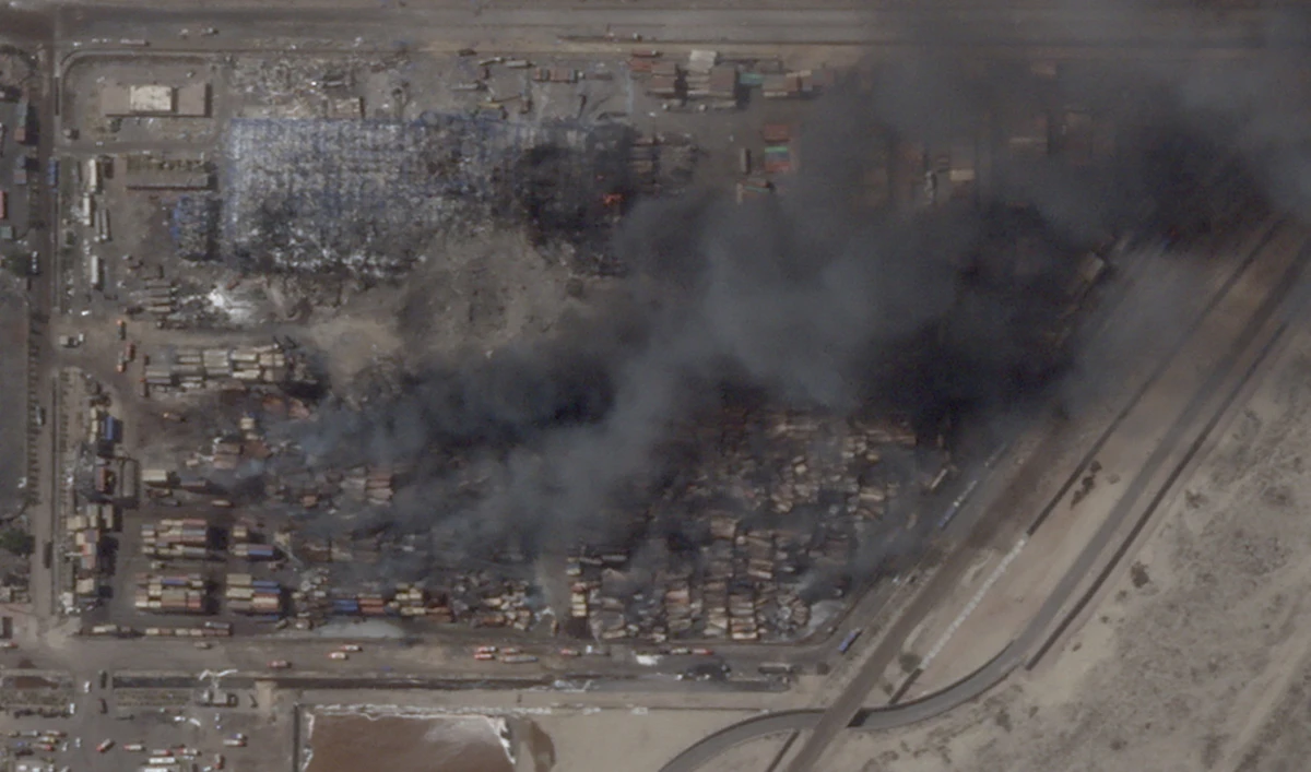 A satellite image shows rising smoke, following a previous day’s explosion at the Shahid Rajaee port in Bandar Abbas, Iran April 28, 2025. (Reuters)