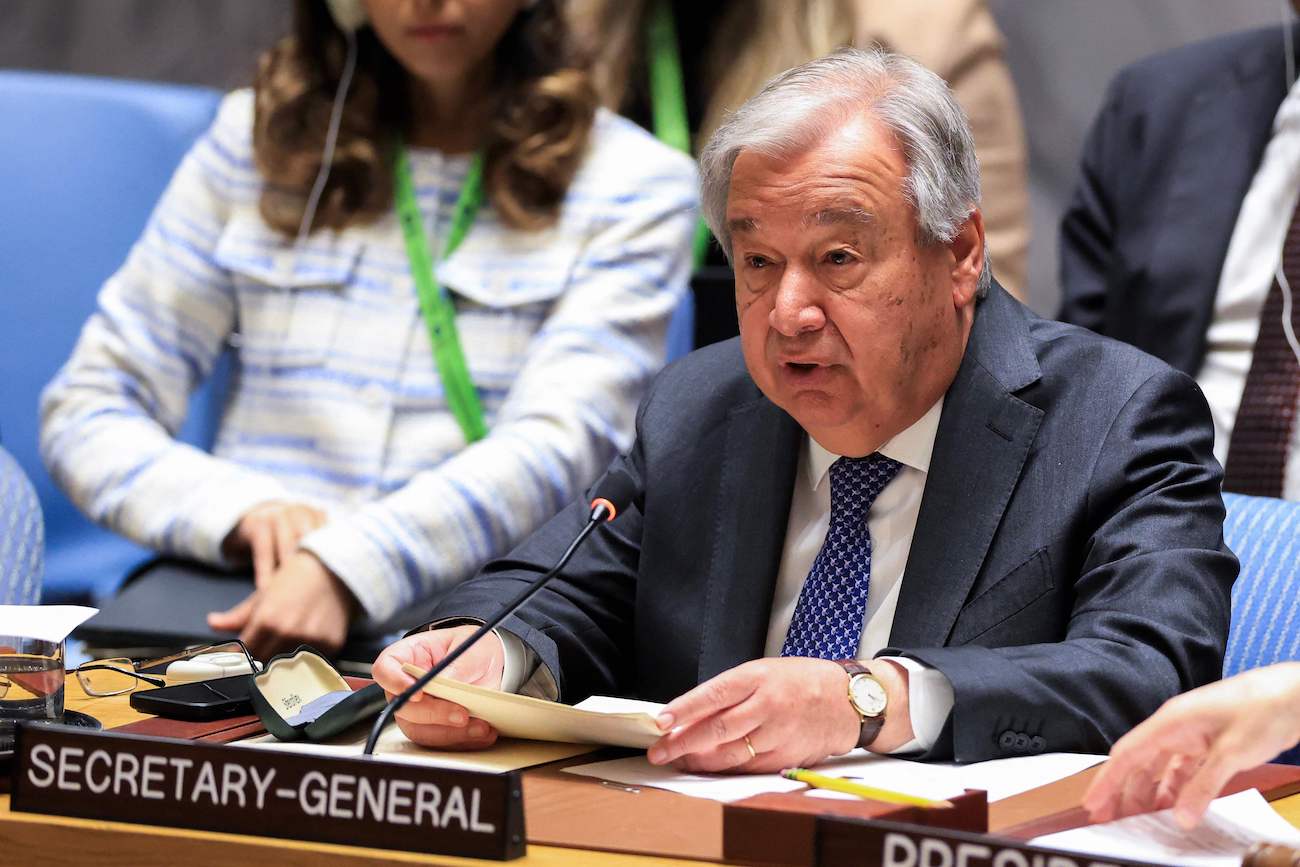 UN Secretary-General Antonio Guterres delivers a speech during a UN Security Council meeting to discuss the situation in Middle East at the UN headquarters in New York City on April 29, 2025. (AFP)