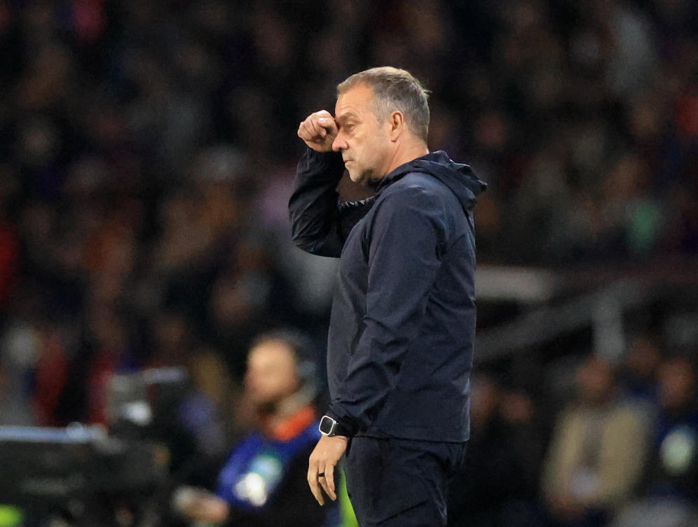 FC Barcelona coach Hansi Flick reacts during their Champions League — Semi Final — First Leg — match against Inter Milan — Estadi Olimpic Lluis Companys, Barcelona, Apr. 30, 2025. (Reuters)