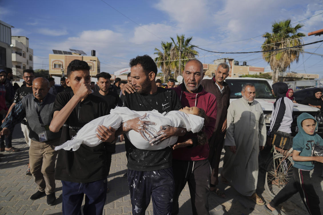 Relatives of Palestinian child, Massa Abed, 4, who was killed in an Israeli army airstrike on the Gaza Strip, carry her body at Al-Aqsa Hospital in Deir Al-Balah, Gaza, Apr. 27, 2025. (AP)